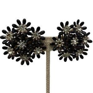 Vintage 1950s Black Daisy Rhinestone Clip On Earrings Floral 2”